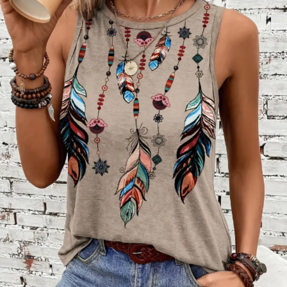 Polera Sin Mangas para Mujer con Estampado de Plumas