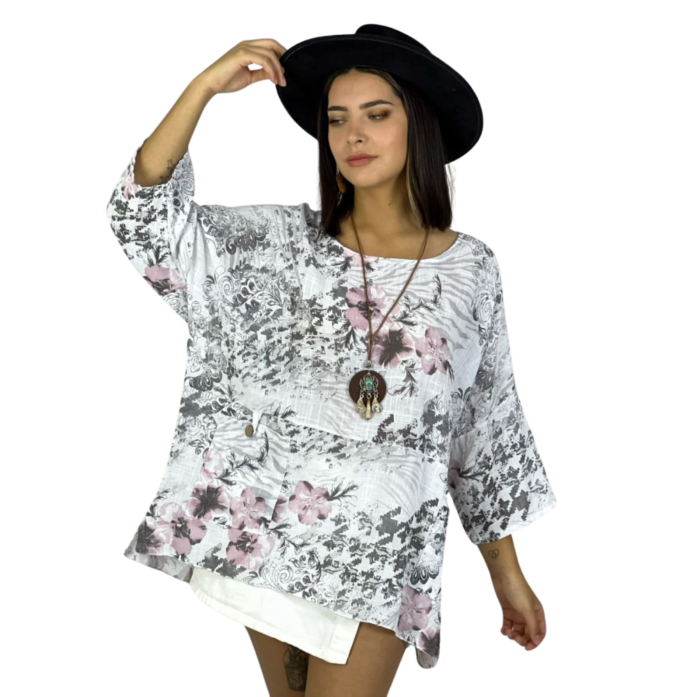 Polera Italiana con Flores y Bolsillos con Collar beige