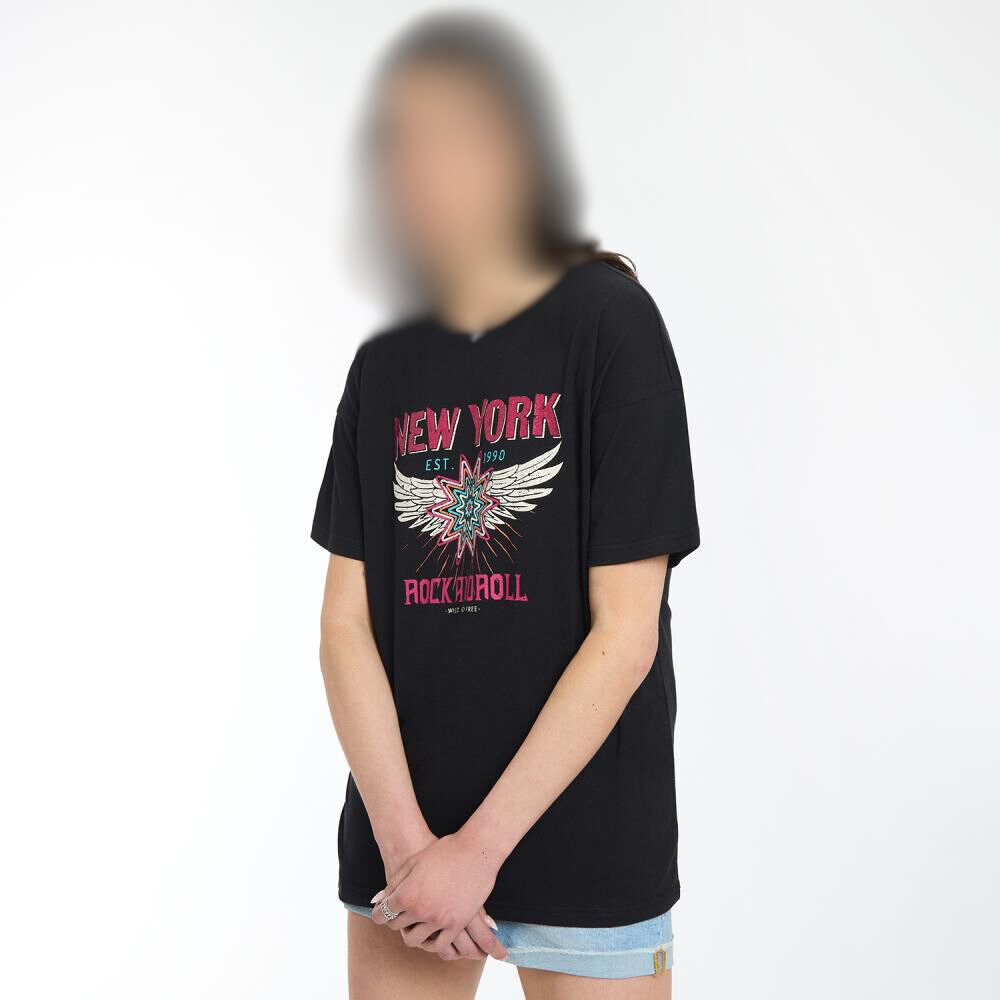 Polera Estampada Manga Corta Cuello Redondo Mujer  negro satín