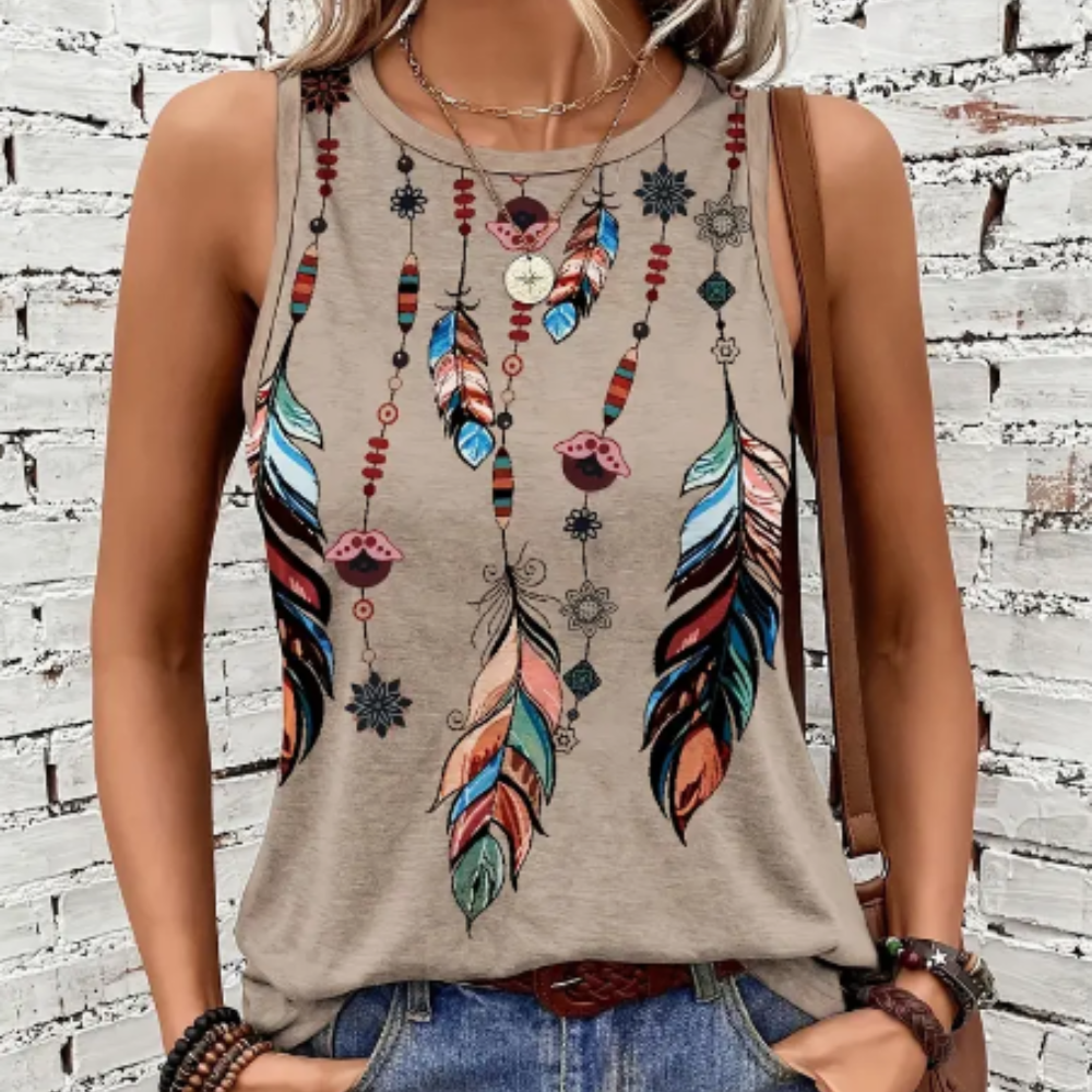 Polera Sin Mangas para Mujer con Estampado de Plumas