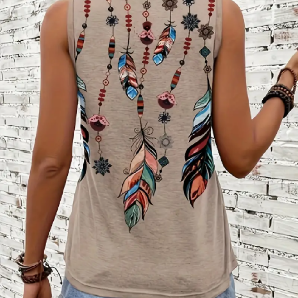 Polera Sin Mangas para Mujer con Estampado de Plumas